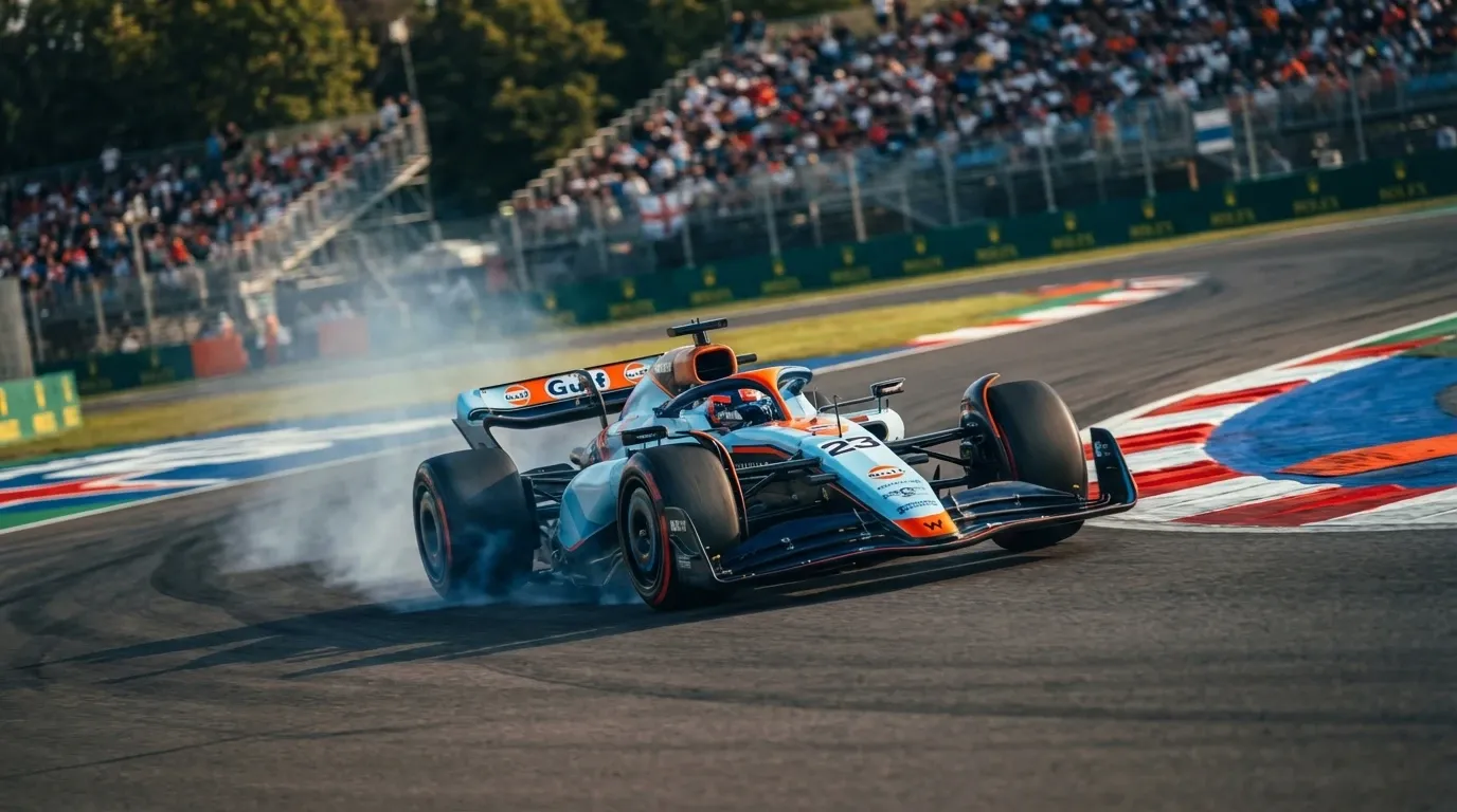 Coche de Fórmula 1 de Williams en pista con librea azul y blanca